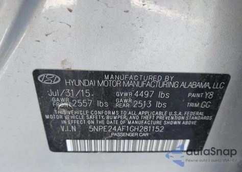 2016 Hyundai Sonata Se z USA, uszkodzony, nr VIN 5NPE24AF1GH281152